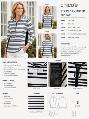Chico's Sporty Striped Stretch Black White 1/4 Zip Golf Shirt Top XL 3